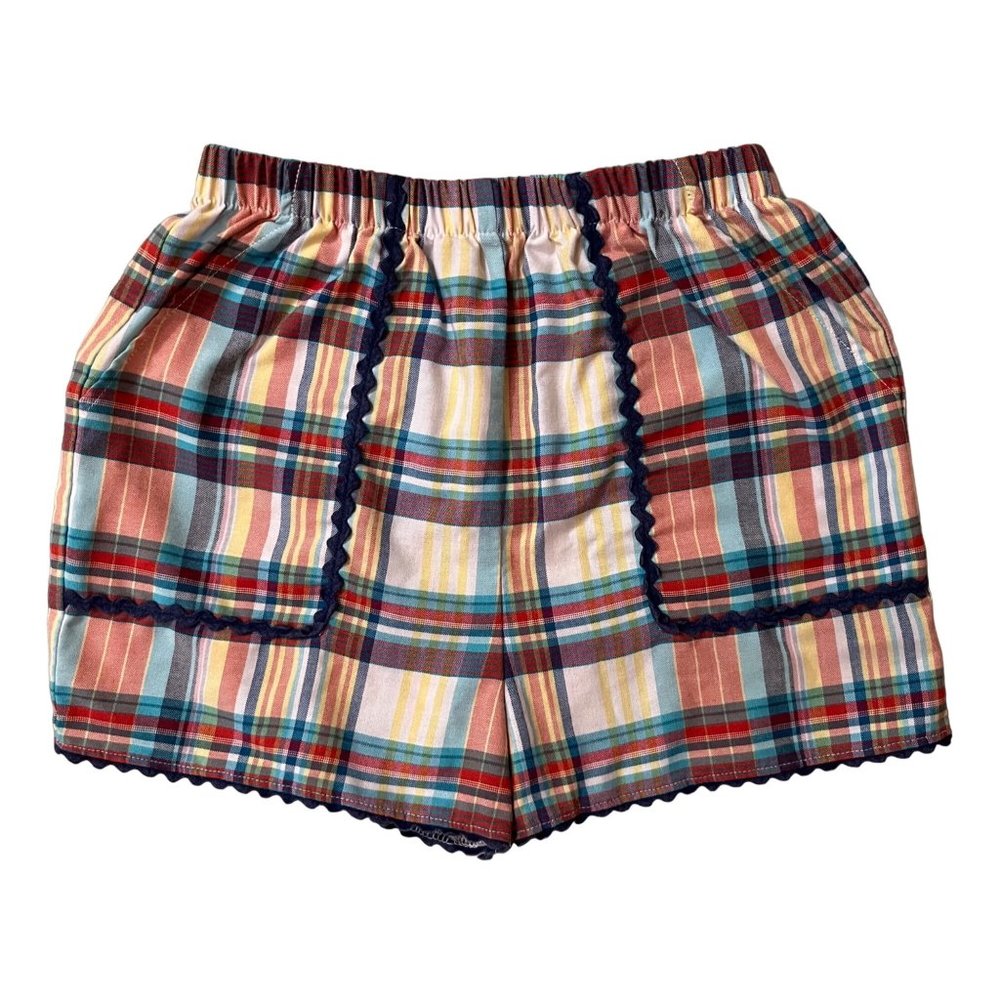 VTG Kelly’s Kids 8/10 Shorts Plaid RicRac Madras Pockets Tilly Blue Red White